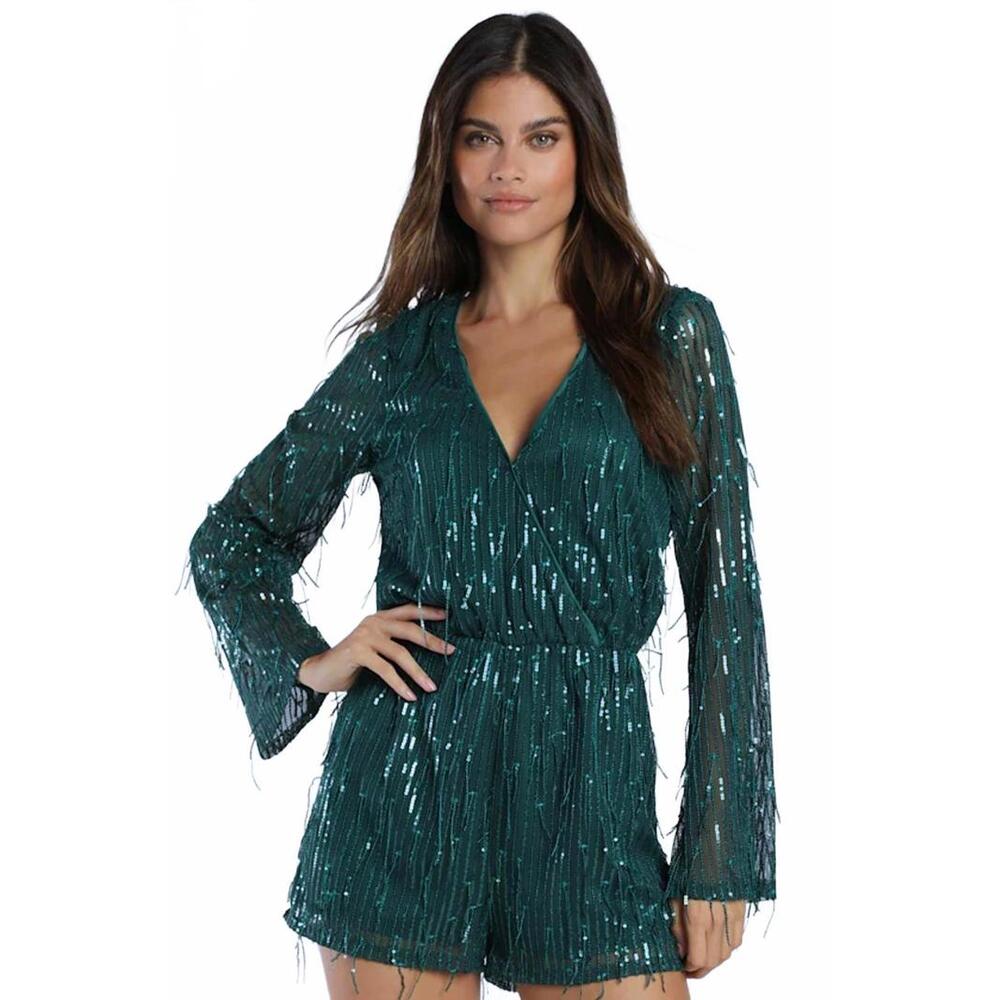 Lulus women's Medium Always Partying Emerald Green Sequin Long Sleeve Romper